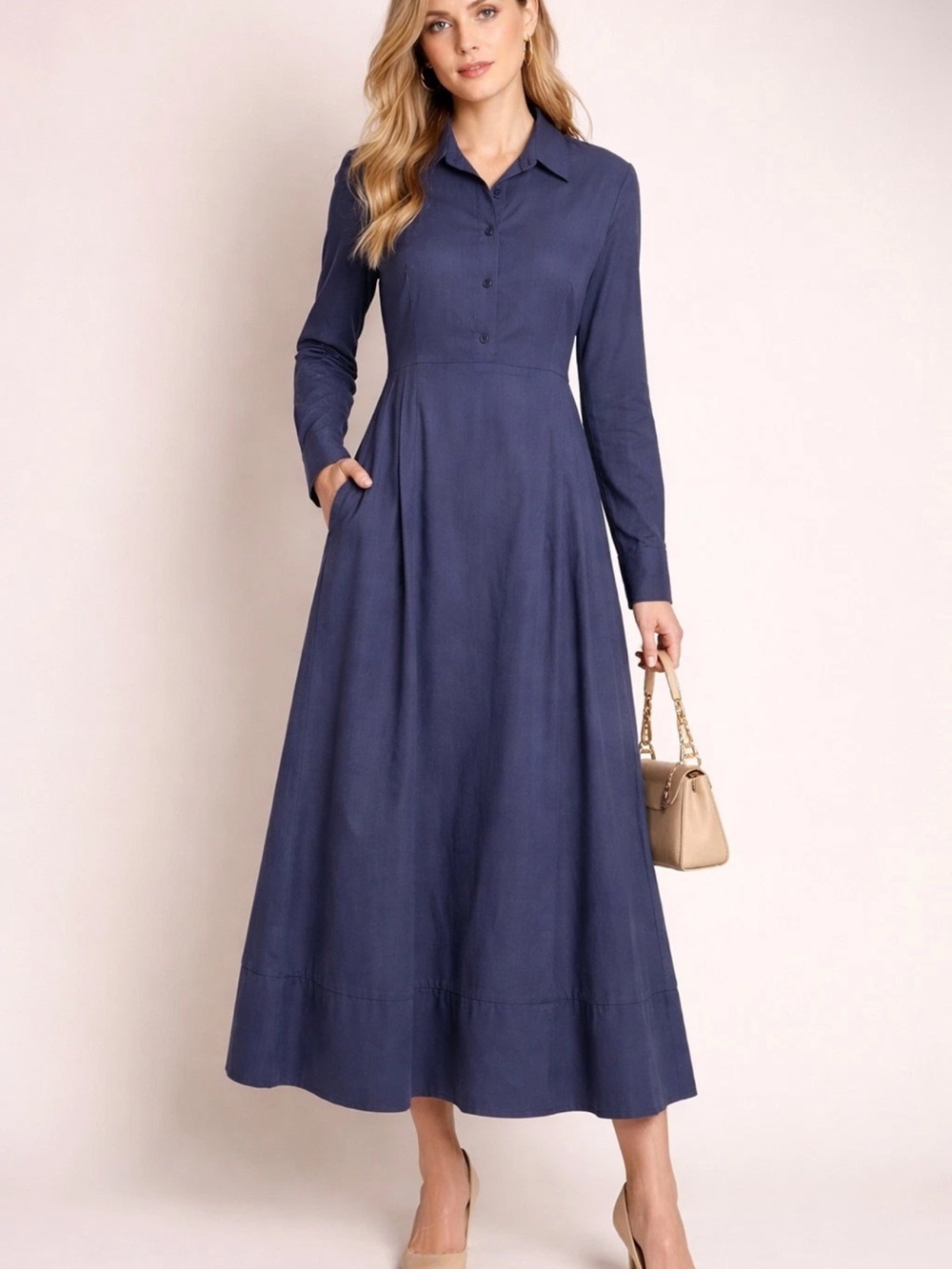 NWT Sophia Italy Alayna Midi OS Navy Pockets LS Pleated Front Cotton